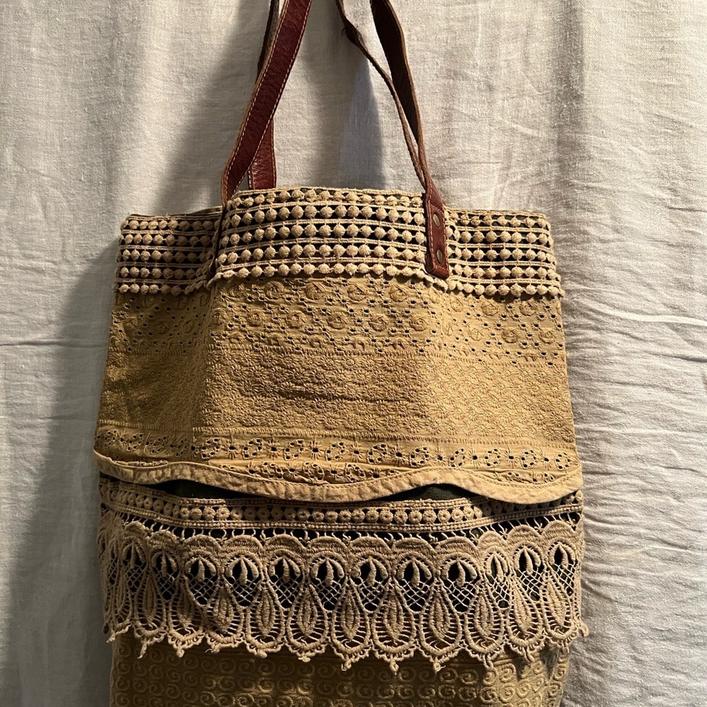 Tan Mona B Woven Tote with Geometric and Lace Details